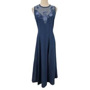 vtg 90s newport news denim Maxi Dress Sz 6 Embroidered Netting Western Y2K